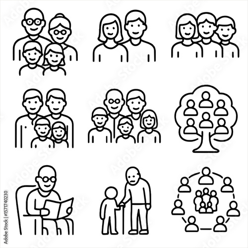 Extended Family Icons. Outline style icons of Extended Family: grandparents with kids, uncle and aunt icons, cousin group,
