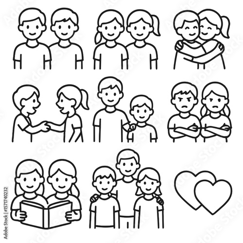 Sibling Bond Icons. Outline style icons of Siblings and Bonds: two brothers, two sisters, hugging siblings, playing siblings,