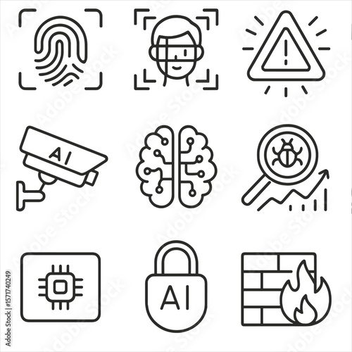 Security Intelligence Icons. Outline style icons of Intelligence Applications in Security: biometric scan, facial recognition grid