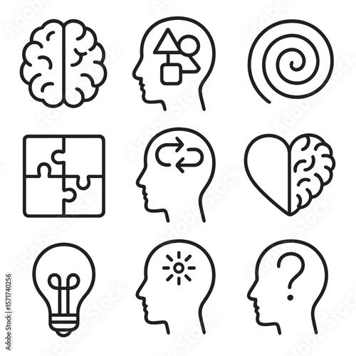 Human Intelligence Icons. Outline style icons of Human Intelligence Elements: brain outline, abstract thinking icon, memory spiral
