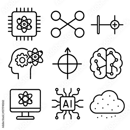 Quantum Intelligence Icons. Outline style icons of Quantum Intelligence: quantum chip, entangled nodes, quantum logic gate,