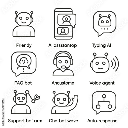 Chatbot Icon Collection. Outline style icons of Chatbots and Virtual Agents: friendly AI avatar, chatbot dialogue screen, typing