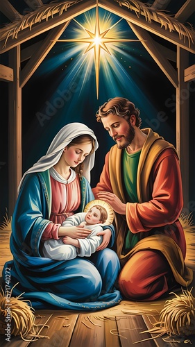 Holy family adoration star light nativity scene mary