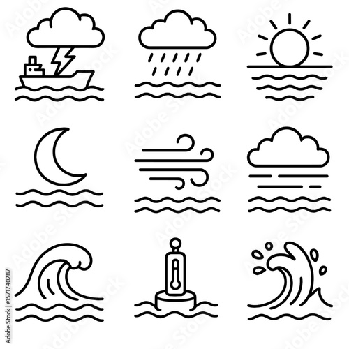 Sea Weather Icons. Outline style icons of Weather at Sea: stormy cloud over ship, rain on ocean, sunny sea horizon, moonlight over