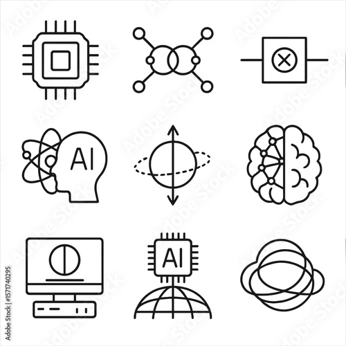 Quantum Intelligence Icons. Outline style icons of Quantum Intelligence: quantum chip, entangled nodes, quantum logic gate,