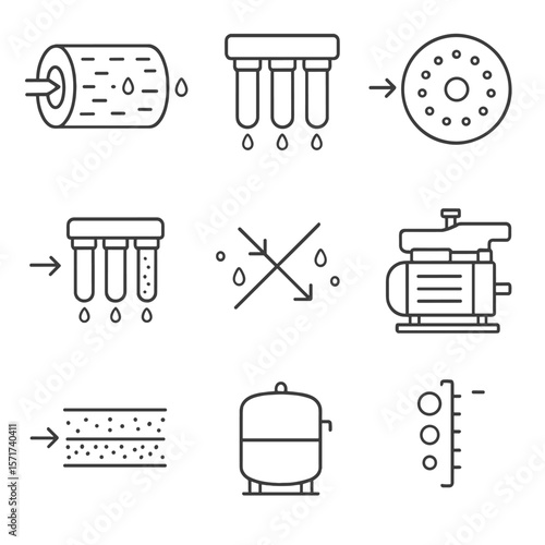 Filtration Icons Overview. Outline style icons of Advanced Filtration Methods: reverse osmosis membrane, ultrafiltration icon,