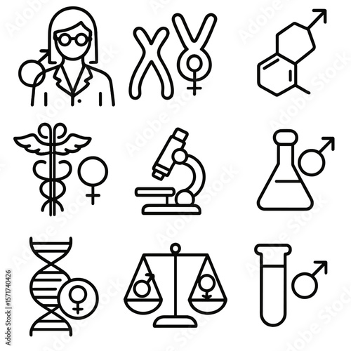 Science and Gender Icons. Outline style icons of Science and Gender: gender in lab context, chromosome icon with gender signs,