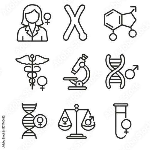 Science and Gender Icons. Outline style icons of Science and Gender: gender in lab context, chromosome icon with gender signs,