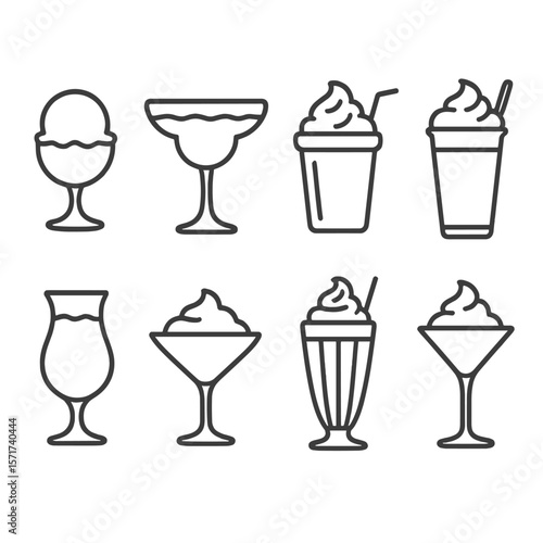 Frozen Cocktail Icons. Outline style icons of Dessert and Frozen Cocktails: ice cream cocktail glass, frozen margarita, slushy cup