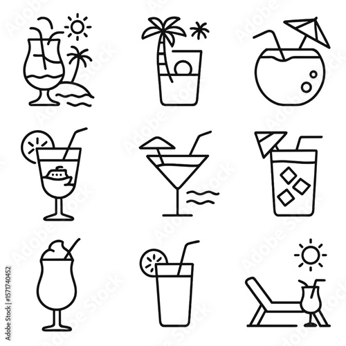 Beach Drink Icons. Outline style icons of Travel and Beach Drinks: tropical beach drink, vacation glass with palm, coconut shell