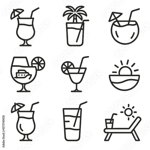 Beach Drink Icons. Outline style icons of Travel and Beach Drinks: tropical beach drink, vacation glass with palm, coconut shell