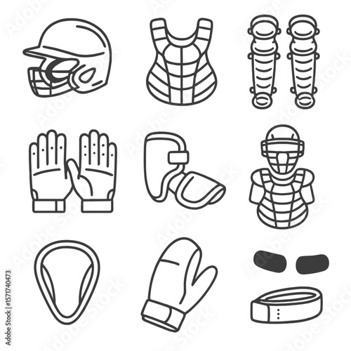 Baseball Protective Gear Icons. Outline style icons of Protective Baseball Gear: helmet with face guard, chest protector, shin