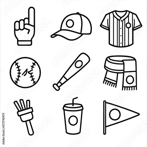 Baseball Fan Gear Icons. Outline style icons of Baseball Fan Gear: foam finger, cap with logo, player jersey, autograph ball,