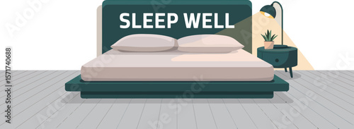Illustrated bedroom scene with bed pillows lamp and bedside table on wood floor