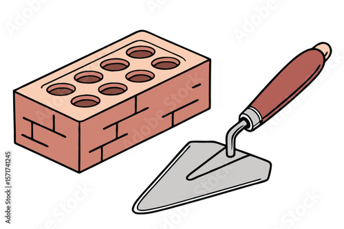Brick and Trowel Cartoon Illustration Building Materials Tools
