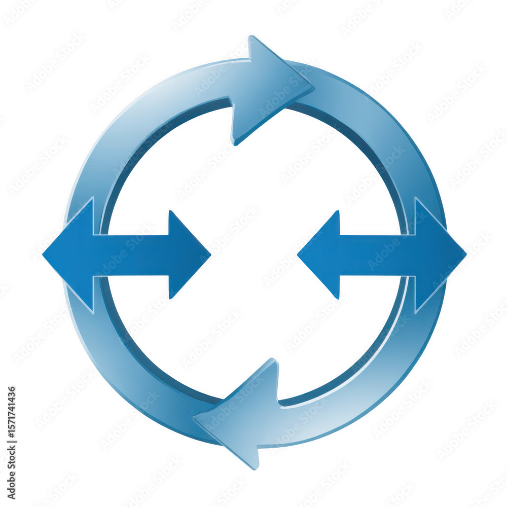 Circular process with four blue arrows indicating flow isolated on transparent background Circular process with four blue arrows indicating flow isolated on transparent background
