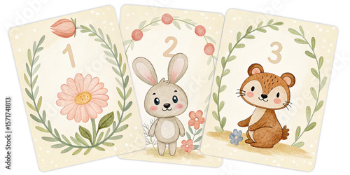 Adorable Forest Creatures Illustration: Infant Month Tracking Cards with Floral Wreaths