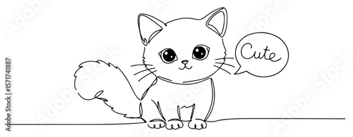 cute kitten vector illustration with speech bubble and big eyes line drawing