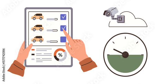 Hands holding a tablet reviewing car inspection data, surveillance camera in cloud, speedometer gauge. Ideal for vehicle tracking, fleet management, safety monitoring, data analysis, automation