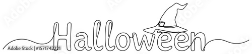 halloween word with witch hat in one line vector illustration