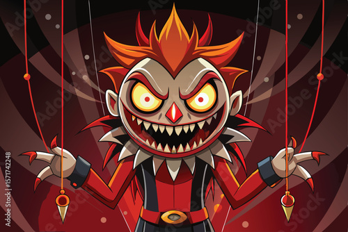 Sinister Puppet Master Clown with Fiery Hair and Menacing Grin Dark Fantasy