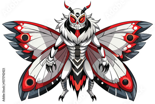 Mothman Inspired Creature with Red Accents and a Furred Neck Standing in a Striking Pose
