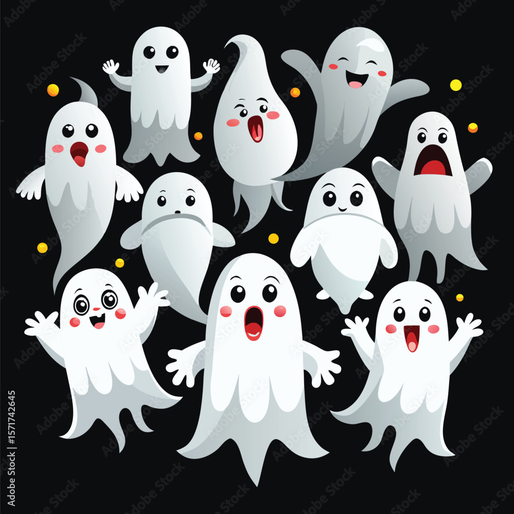 Obraz premium Whimsical Gathering of Cartoon Ghosts Celebrating Halloween Night