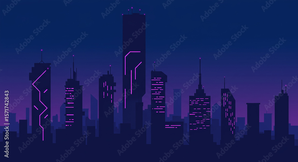 Fototapeta premium Vector illustration of a futuristic city at night with glowing skyscrapers and minimal neon color palette