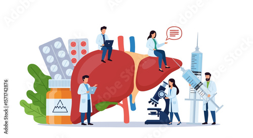Adobe Illustrator vector flat style illustration of doctors examining a large liver, representing world hepatitis day
