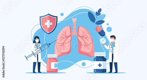 Adobe Illustrator vector flat style illustration of doctors examining lungs affected by viruses with a magnifying glass and stethoscope, representing respiratory health and viral infections