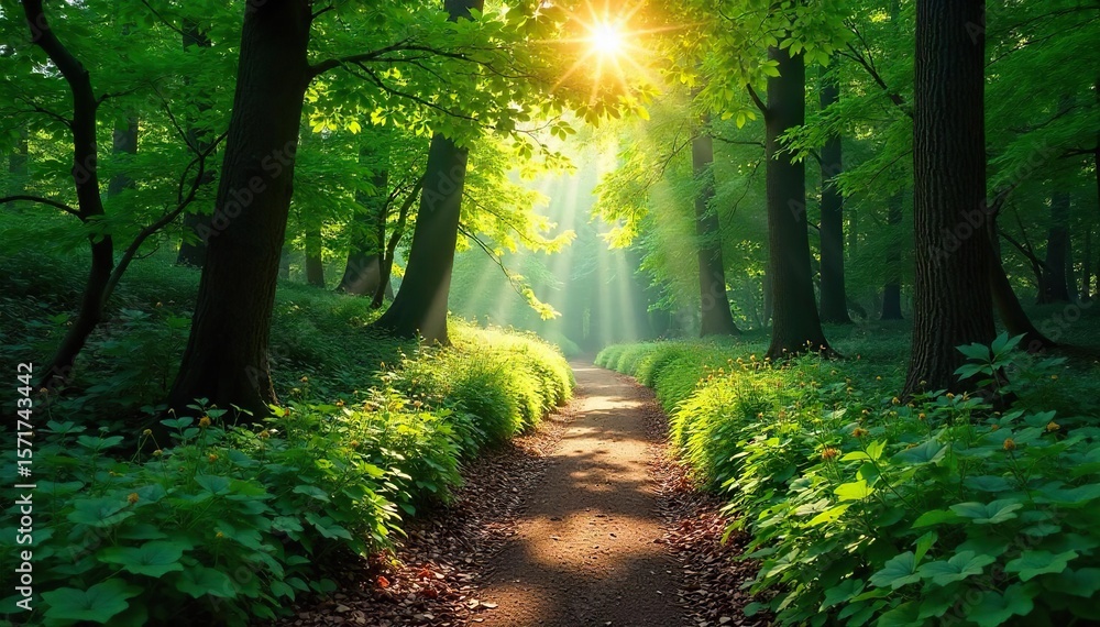 Fototapeta premium Sun-Dappled Forest Path A Magical Summer Hike Through Lush Green Foliage
