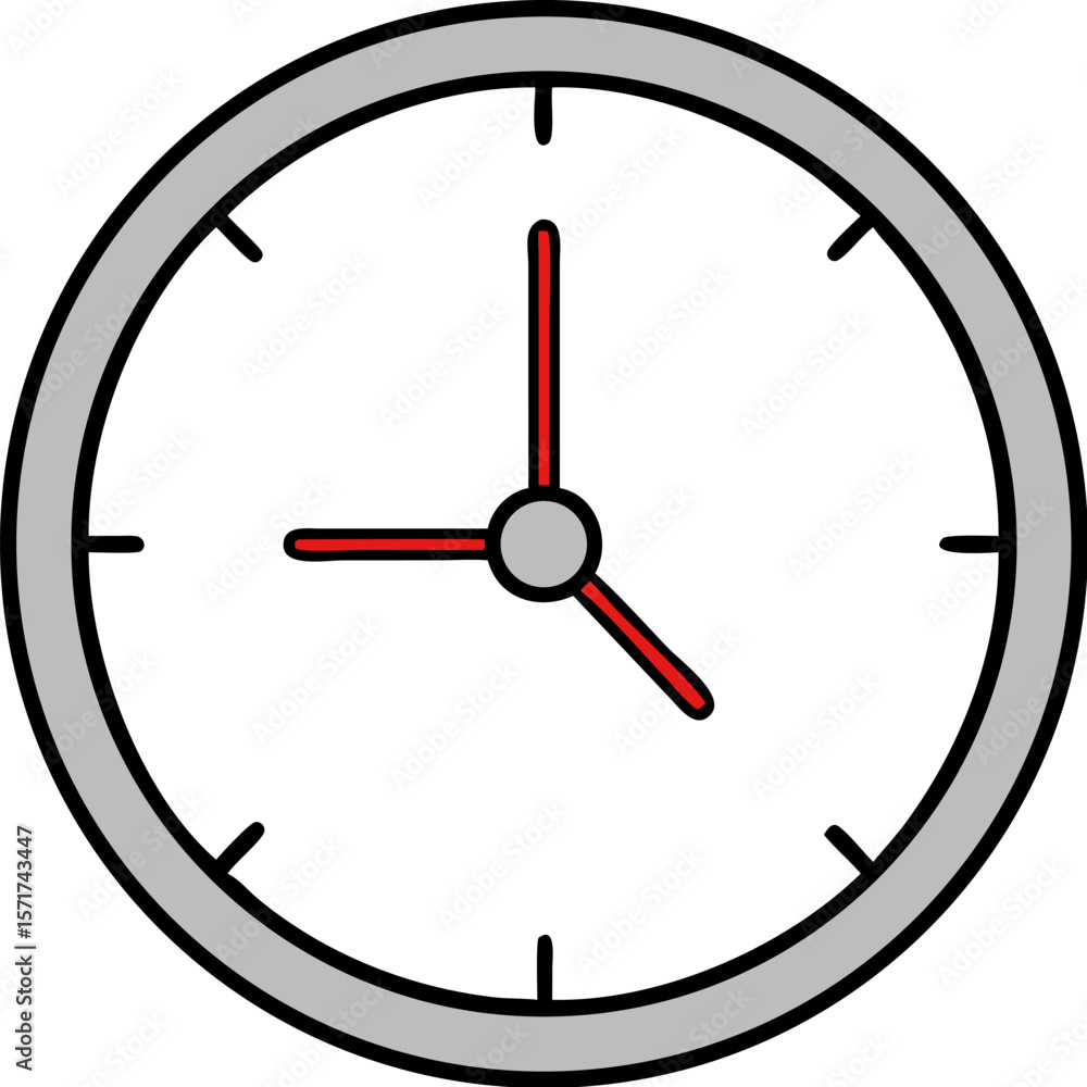 A single isolated stroke line icon of a clock with a grey outline and red minute hand, simple colored line icon, white background. A single isolated stroke line icon of a clock with a grey outline and red minute hand, simple colored line icon, white background.