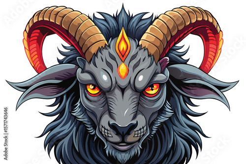 Illustration of a demonic goat head with blazing eyes and horns in menacing detail