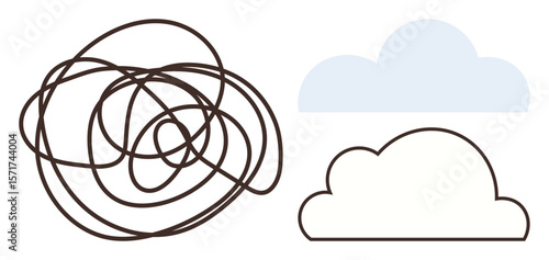 Tangled scribble alongside clean cloud outlines symbolize chaos to order, complexity to simplicity. Ideal for organization, transformation, creativity, decision-making, clarity, focus, abstract