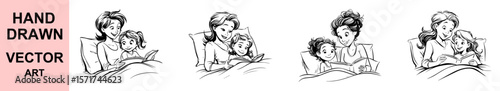Mother reading bedtime story to daughter in cozy bed illustration black and white hand drawn vector sketch family bonding childhood sleep time book