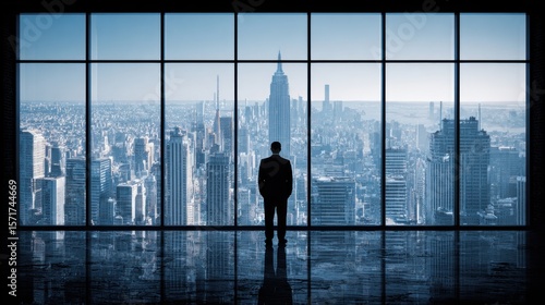 Businessman views city skyline
