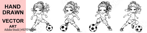Athletic girl playing soccer football action pose strong confident player illustration sketch black white line art female sports character