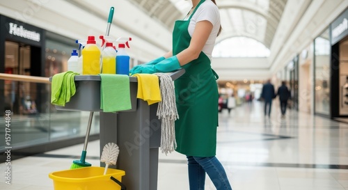 Wallpaper Mural A cleaner with a cleaning cart is working in the hallway of a shopping mall Torontodigital.ca