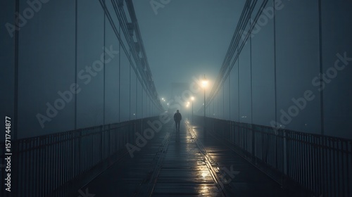 Solitary Figure Walking on a Foggy Bridge at Night