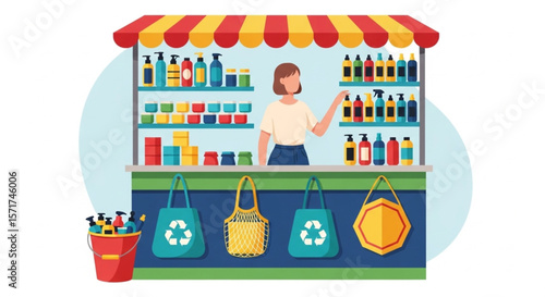 Flat Design of Woman Arranging Eco-Friendly Products at Local Market Stall

