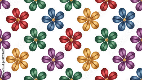 A repeating pattern of colorful five petal flowers on a white background view