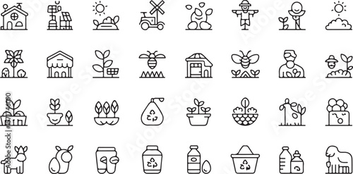 Collection of simple line art icons representing farming agriculture sustainability and rural life with various elements