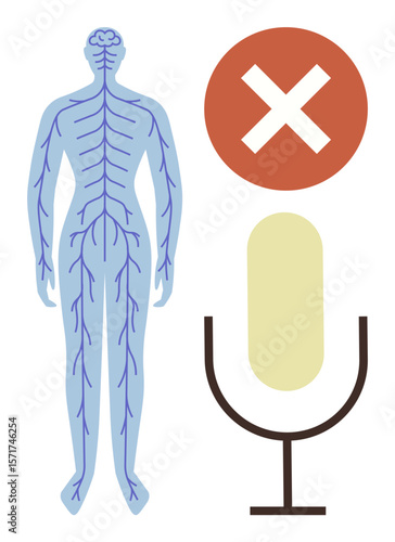 Nervous system anatomy, red cross prohibition, and muted microphone. Ideal for communication, health, neuroscience, silence, disability technology restriction. Simple flat metaphor
