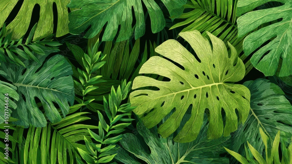 Obraz premium Abstract foliage and botanical background. Green tropical forest wallpaper of monstera leaves, palm leaf, branches in hand drawn pattern. Exotic plants background for banner, prints, decor, wall art.