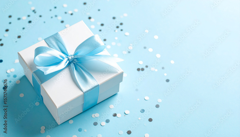 gift box with blue ribbon. White Gift Box with Blue Ribbon on Light Blue Background with Confetti — Festive Celebration Still Life for Holidays, Birthday, and Surprise Moments gift box with blue ribbon. White Gift Box with Blue Ribbon on Light Blue Background with Confetti — Festive Celebration Still Life for Holidays, Birthday, and Surprise Moments