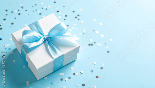 Wallpaper Mural gift box with blue ribbon. White Gift Box with Blue Ribbon on Light Blue Background with Confetti — Festive Celebration Still Life for Holidays, Birthday, and Surprise Moments Torontodigital.ca