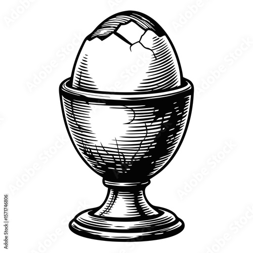 Cracked egg in bowl using a hand-drawn engraving technique, showing eggshell fracture, classic egg cup, and intricate line work.