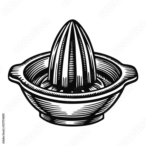 Citrus juicer drawing in hand-drawn engraving style, showcasing bowl, reamer, and detailed lines. This citrus juicer drawing evokes vintage charm and culinary simplicity.