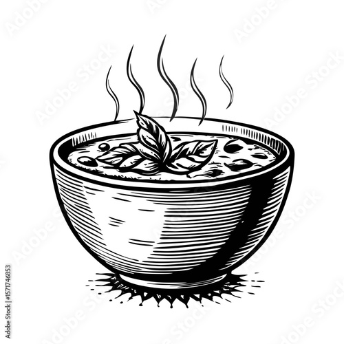 Cup of soup with herbs illustrated in vintage hand drawn style. Bowl of broth with aromatic herbs, displayed with rich detail in crosshatch engravings. Enjoy cup of soup with herbs.