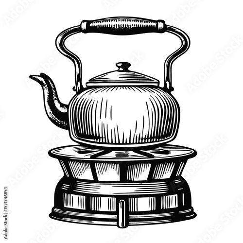 Kettle on stove portrayed with hand-drawn engraving, showing vintage kettle with handle on metal cooking stove. Vintage kettle art evokes simple, rustic kitchen settings and culinary traditions.